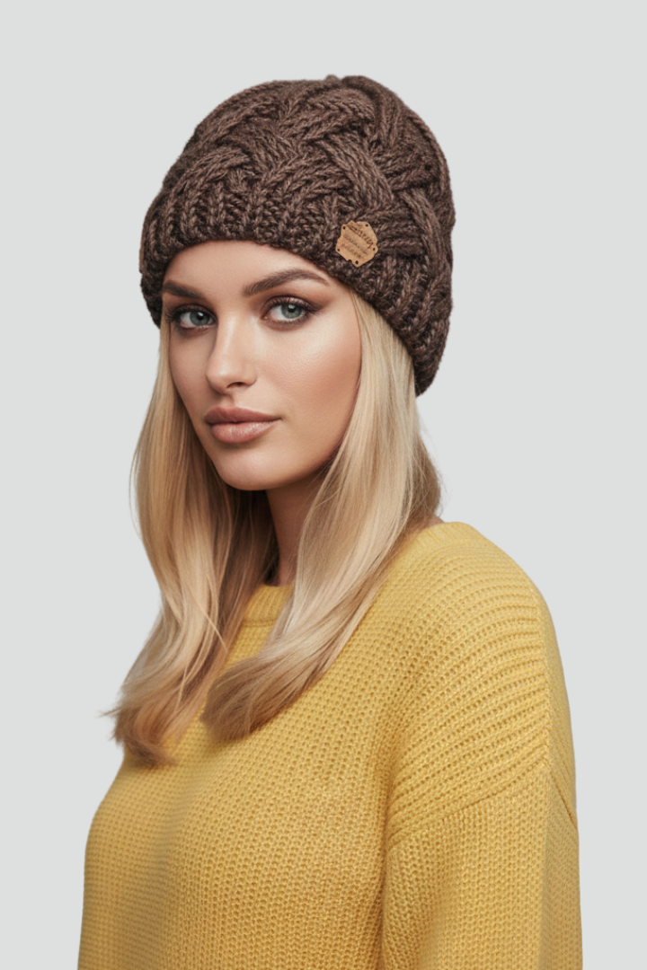 Women Knit Hat with Ribbed Edge and Textured Woven Surface