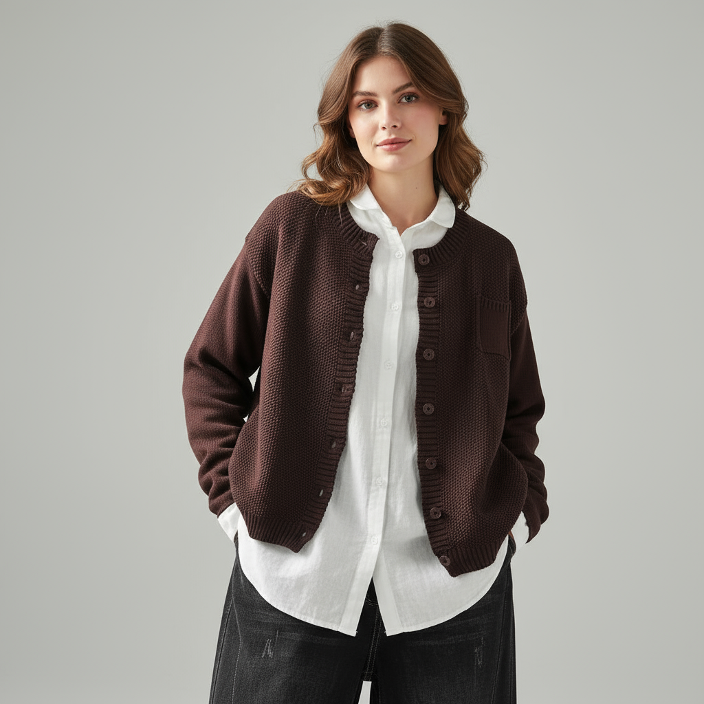 Women’s Knitted Cardigan with Round Neck and Button Front