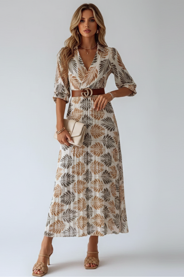chinese dress ladies Women's Patterned Maxi Dress with Loose Fit - All‑Over Print - Elbow‑Length  Sleeves