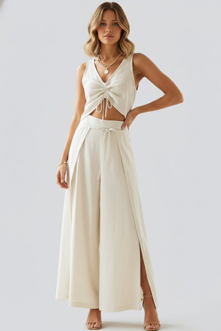 Women’s Two Piece Set with V Neck Top and Wide Leg Pants