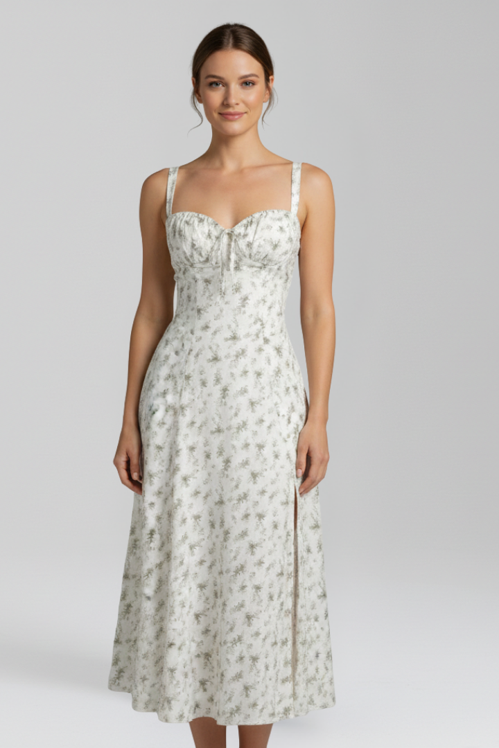 Women Midi Dress with Shoulder Straps and Patterned Skirt