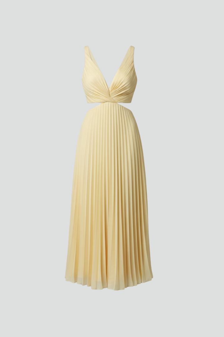 Women Pleated Dress with V-Neck and Sleeveless