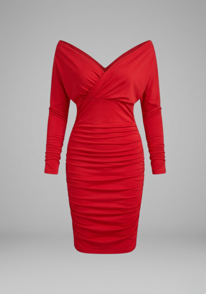 Women V-neck Off-shoulder Ruched knee-length wrap dress with Wrap Front