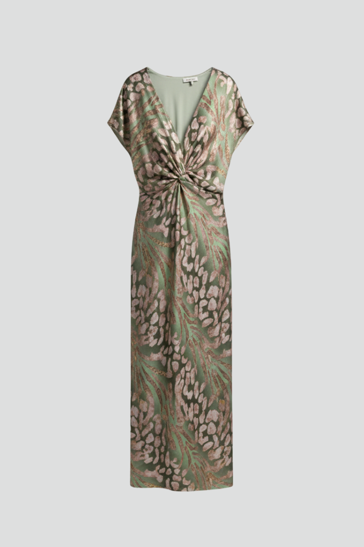 Women’s Ankle-Length Dress with V Neckline and Knotted Detail