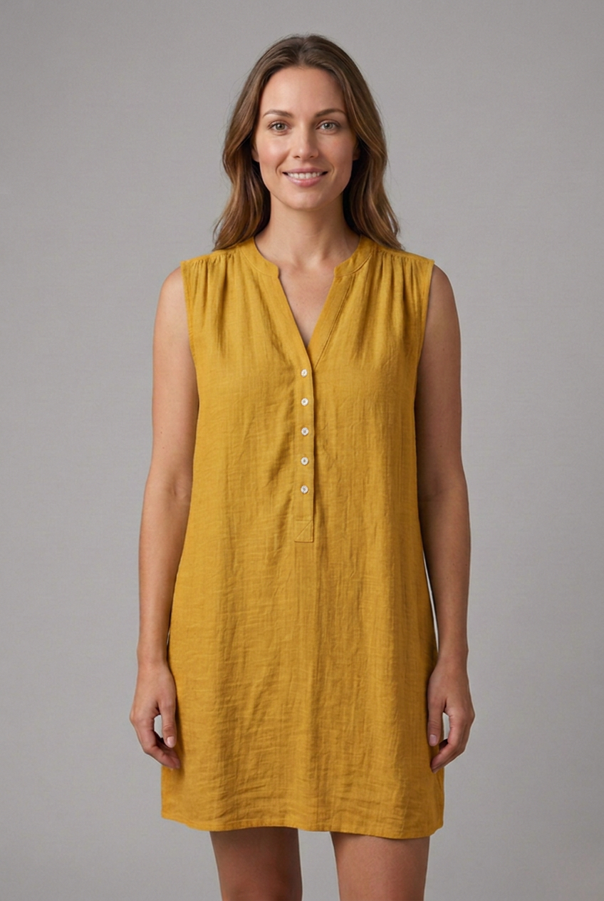 Women’s Beach Dress with V-Neck and Button Placket