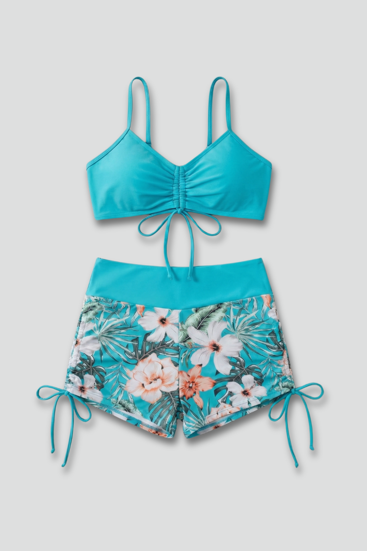 Women’s Bikini Set with Ruched Top and Printed Shorts