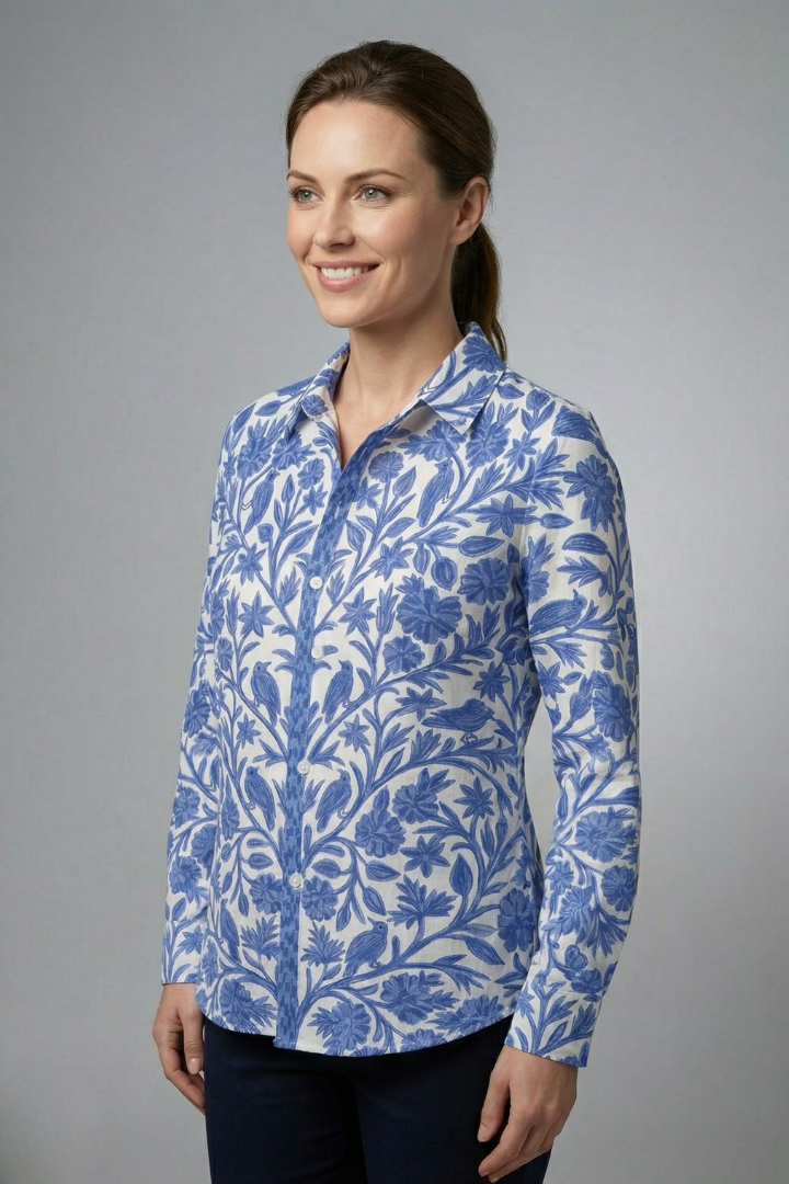 Women’s Blouse with Button Closure and Printed Surface