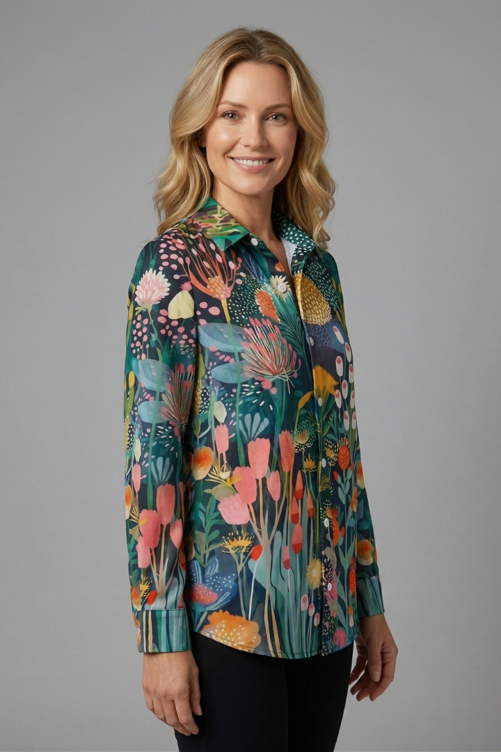 Women’s Blouse with Patterned Surface and Button Closure