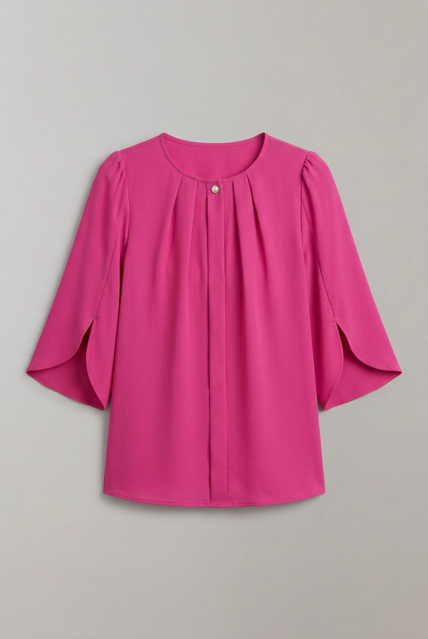 Women’s Blouse with Pleated Front and Split Three-Quarter Sleeves