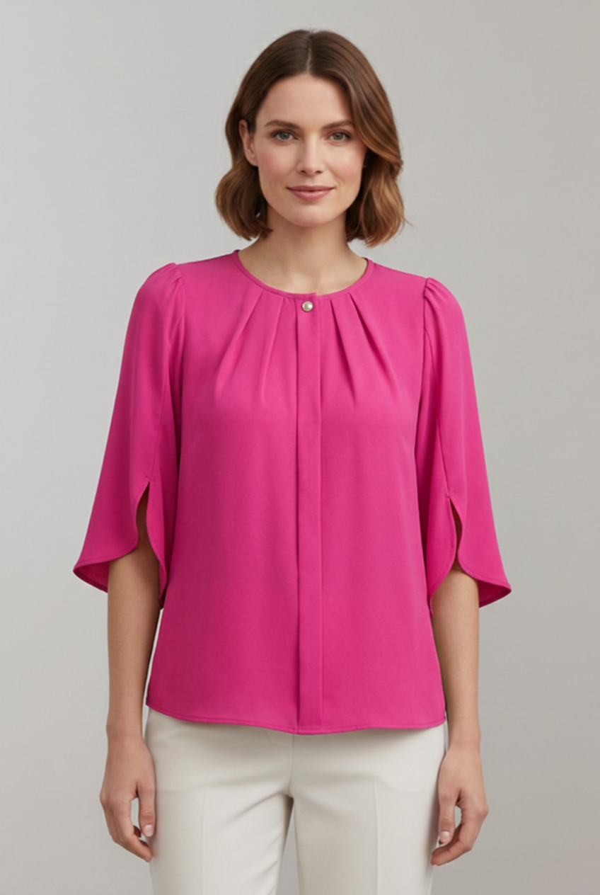 Women’s Blouse with Pleated Front and Split Three-Quarter Sleeves