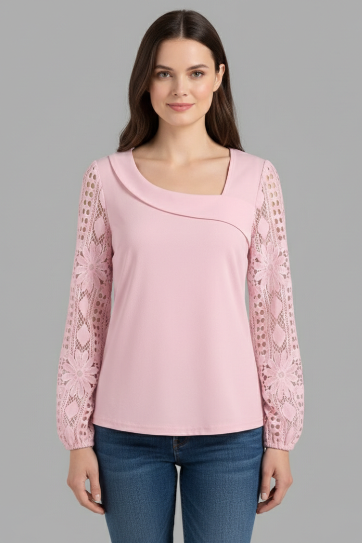 Women’s Blouse with Round Neck and Lace Sleeves