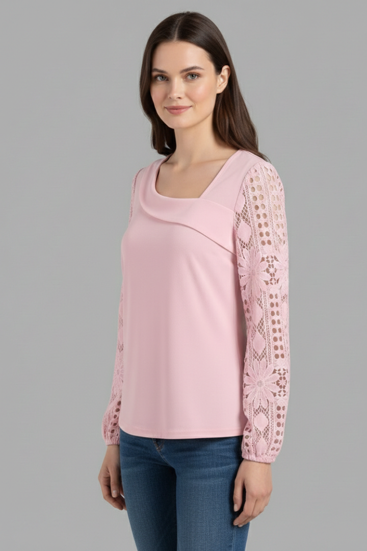 Women’s Blouse with Round Neck and Lace Sleeves