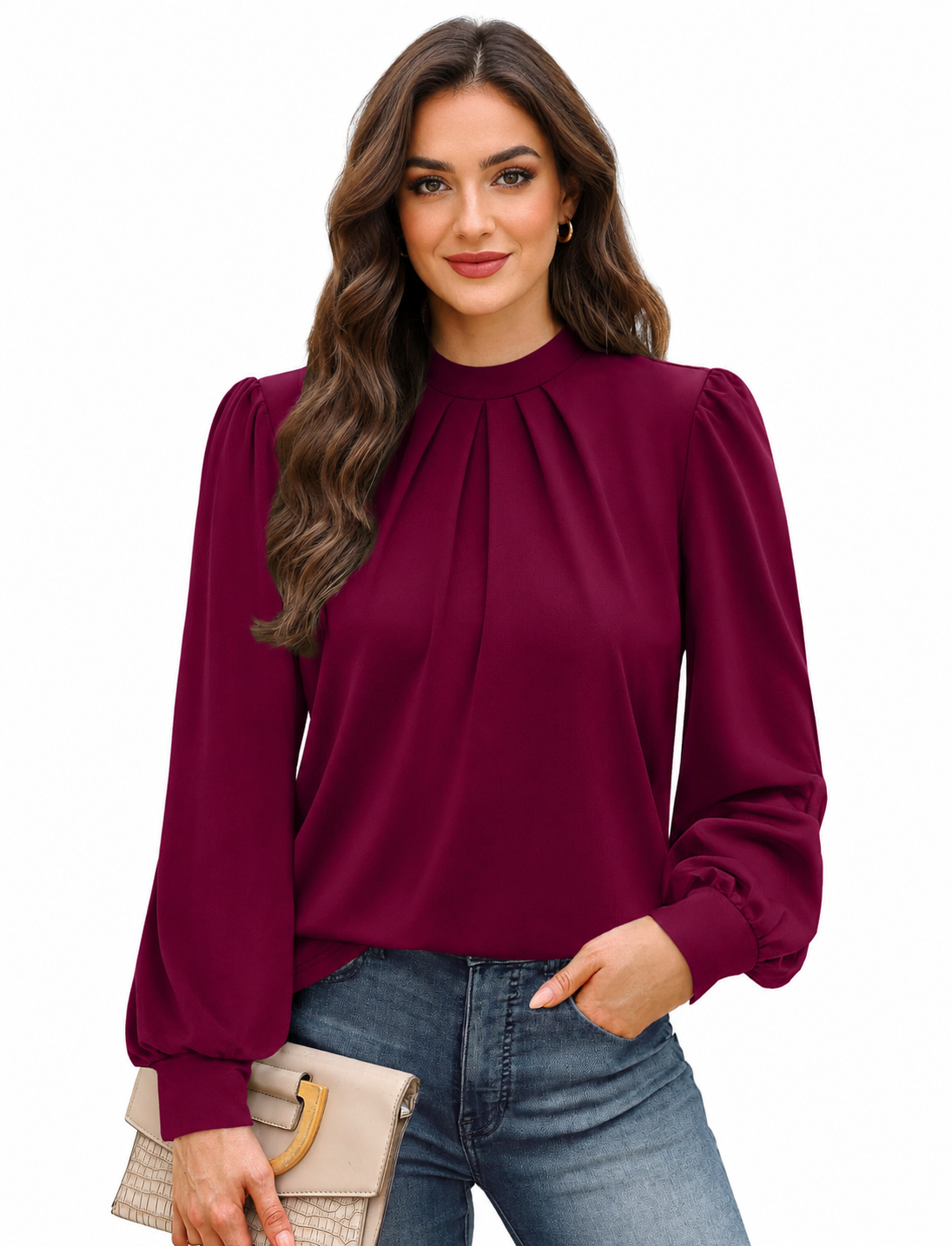 Women's Blouse with High Neck and Puff Sleeves