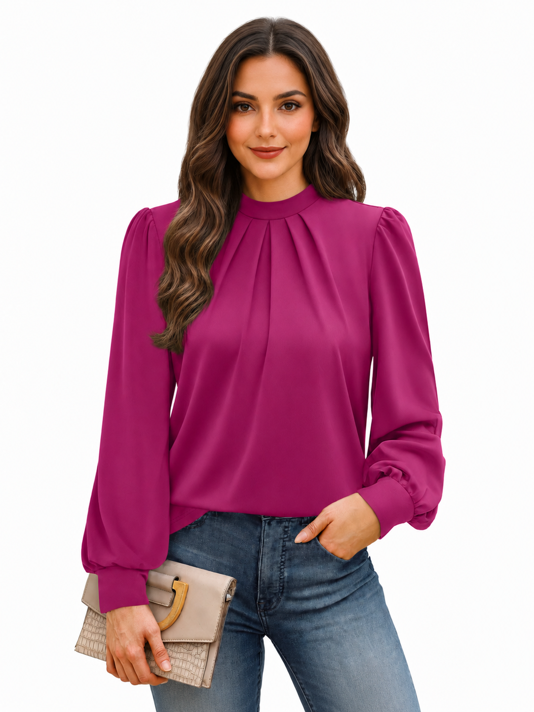 Women's Blouse with High Neck and Puff Sleeves