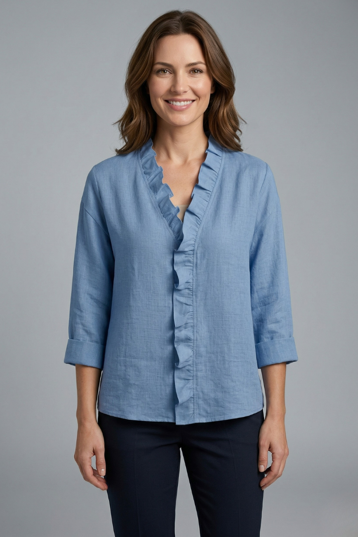 Women’s Blouse with Ruffle Neckline and Long Sleeves