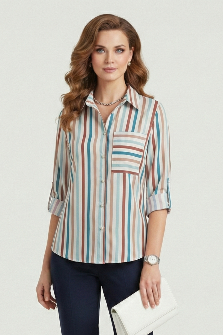 Women’s Blouse with Turn-Down Collar and Roll-Up Sleeves