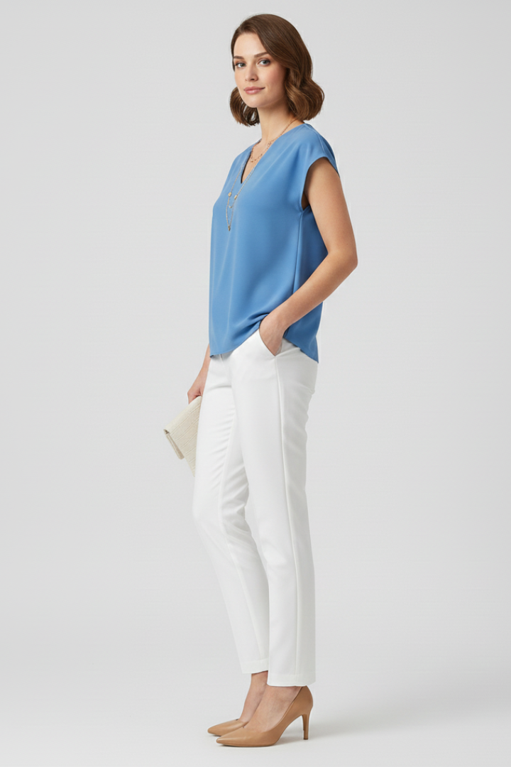 Women’s Blouse with V-Neck and Striped Woven Surface