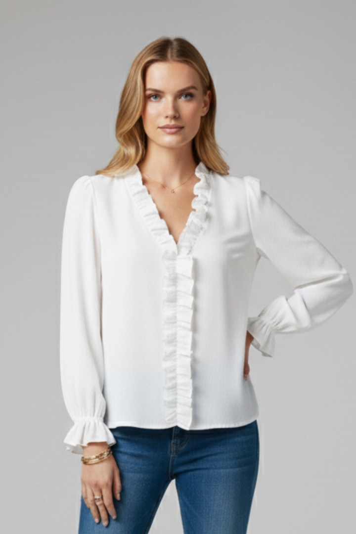 Women’s Blouse with V Neck and Ruffle Detail