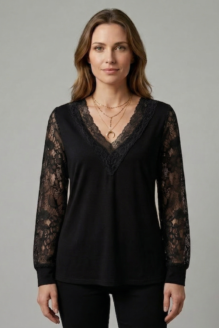 Women’s Blouse with V Neckline and Lace Sleeves