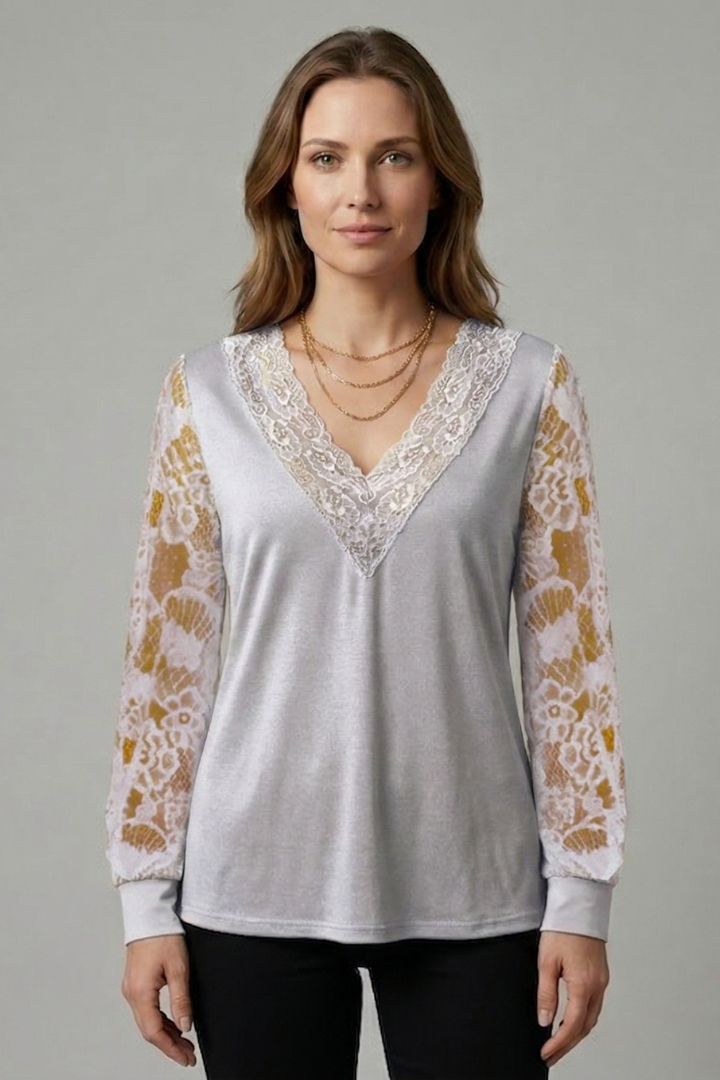 Women’s Blouse with V Neckline and Lace Sleeves