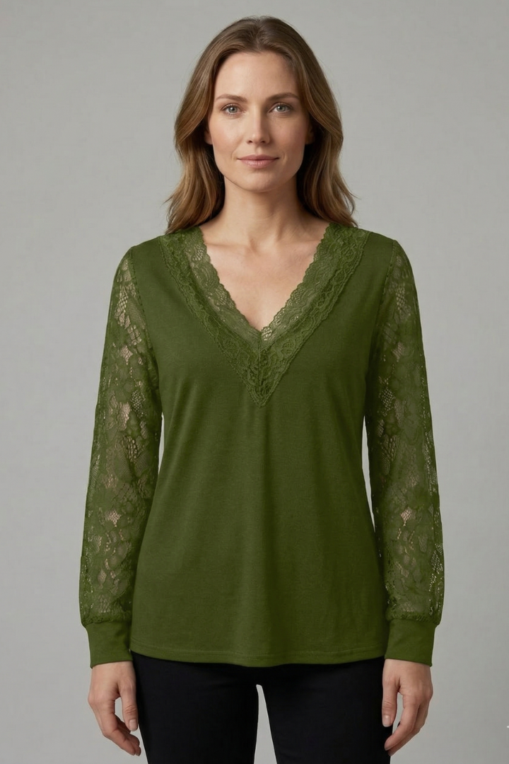 Women’s Blouse with V Neckline and Lace Sleeves