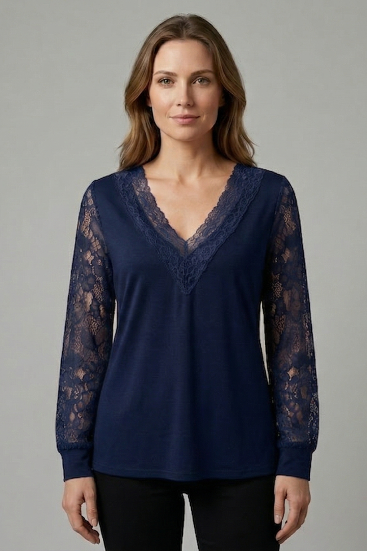 Women’s Blouse with V Neckline and Lace Sleeves