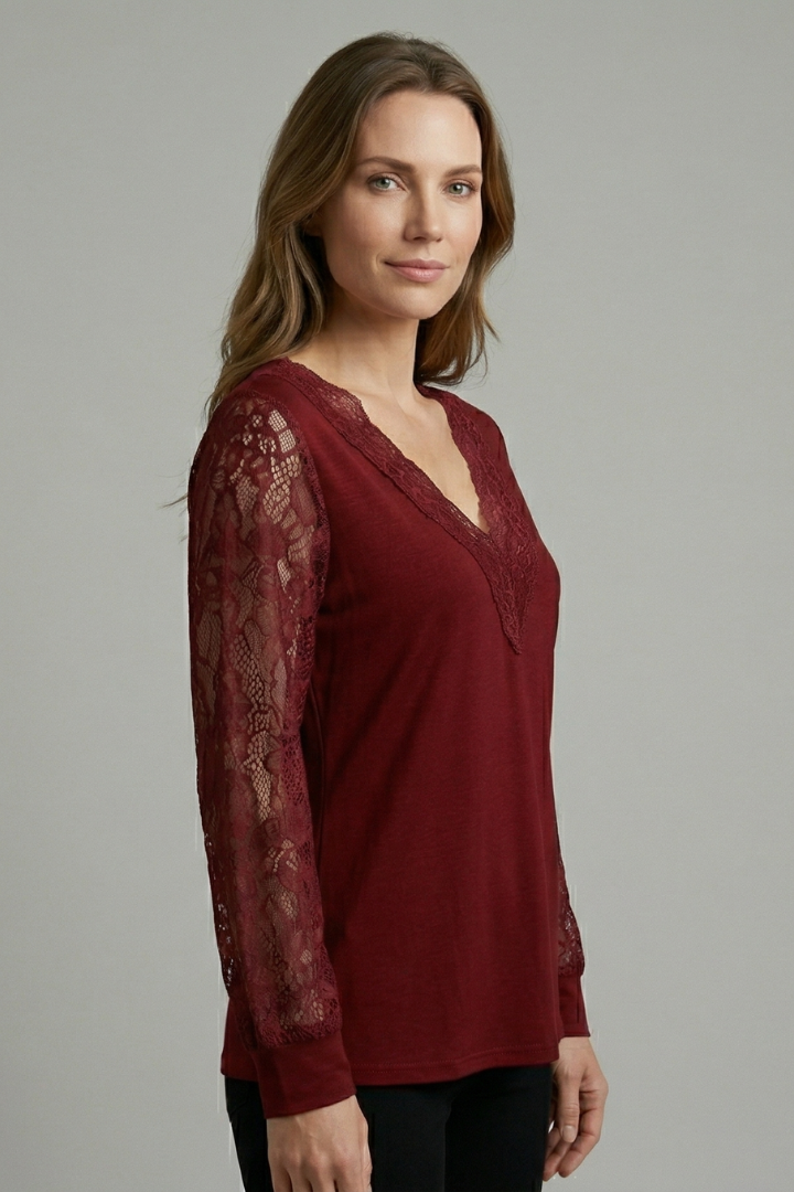 Women’s Blouse with V Neckline and Lace Sleeves