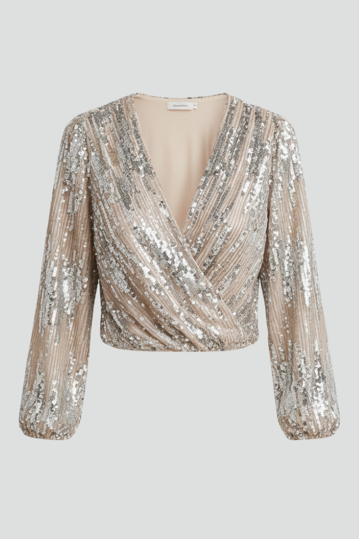 Women’s Blouse with V Neckline and Sequin Surface