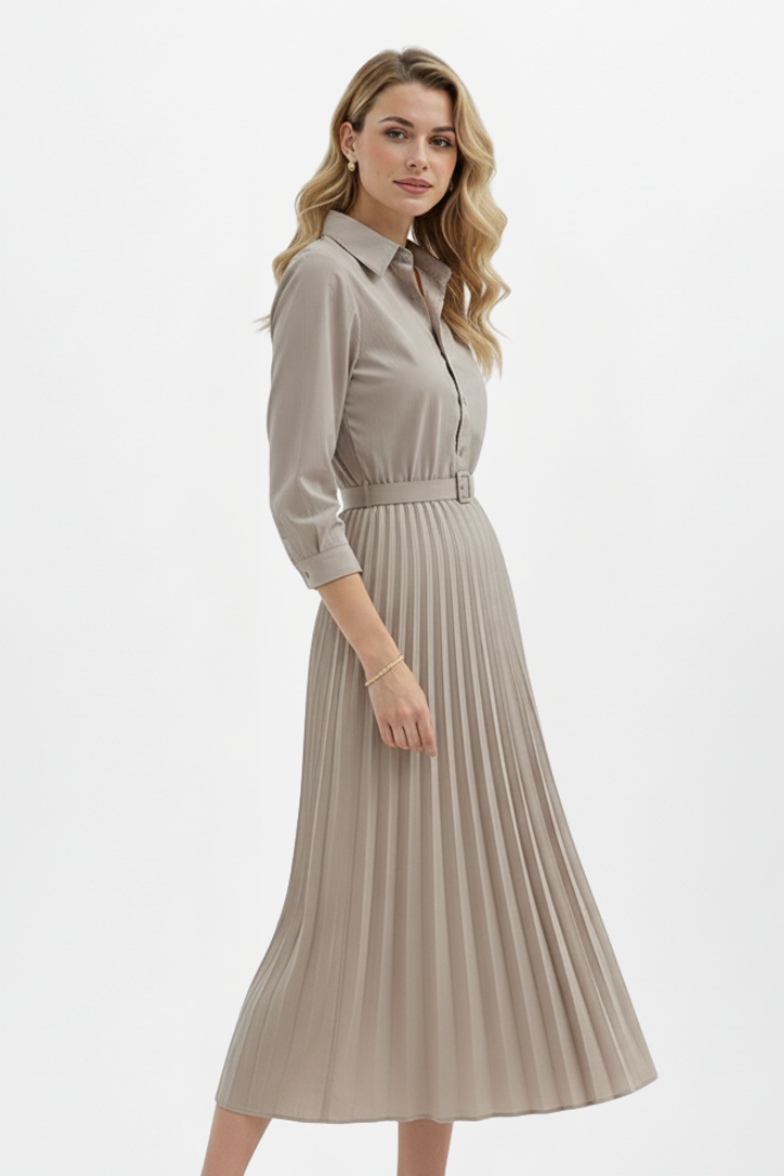 Women’s Button-Up Midi Dress with Belted Waist and Pleated Skirt