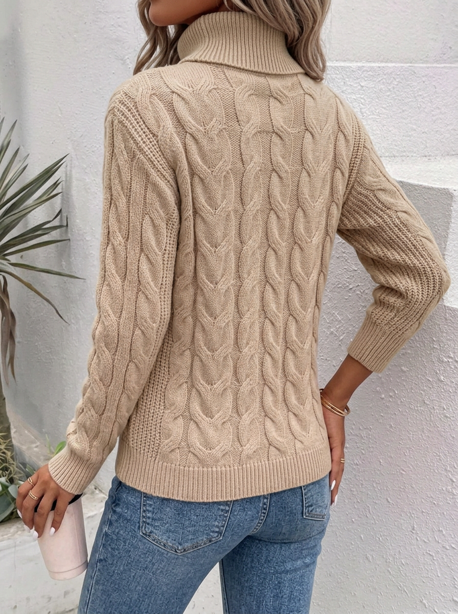 Women's Cable Knit Turtleneck Jumper Fitted Long Sleeve