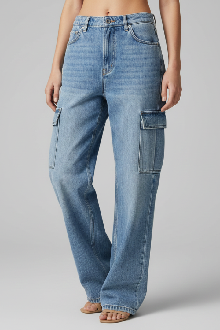 Women’s Cargo Jeans with Front Closure and Flap Pockets