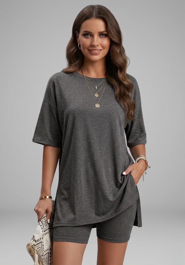Women’s Casual Two-Piece Set with Oversized Round-Neck Top and Biker Shorts
