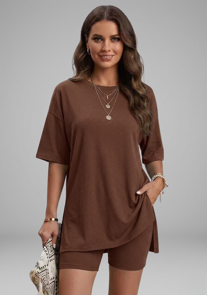 Women’s Casual Two-Piece Set with Oversized Round-Neck Top and Biker Shorts