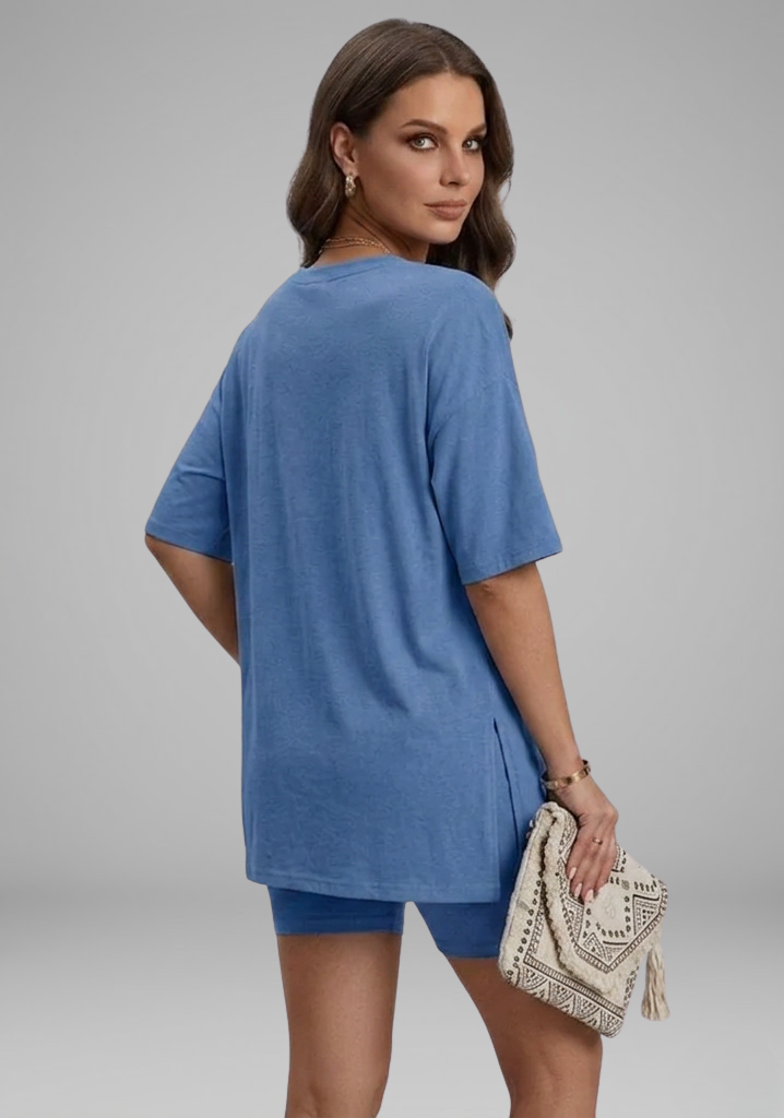 Women’s Casual Two-Piece Set with Oversized Round-Neck Top and Biker Shorts