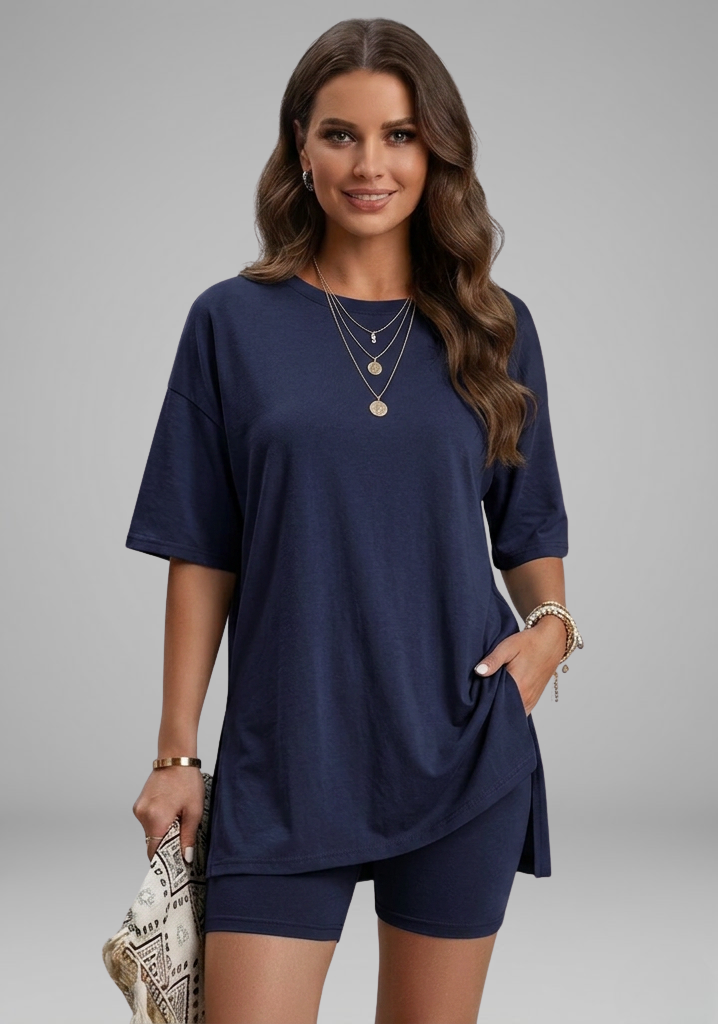 Women’s Casual Two-Piece Set with Oversized Round-Neck Top and Biker Shorts