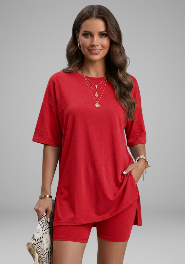 Women’s Casual Two-Piece Set with Oversized Round-Neck Top and Biker Shorts
