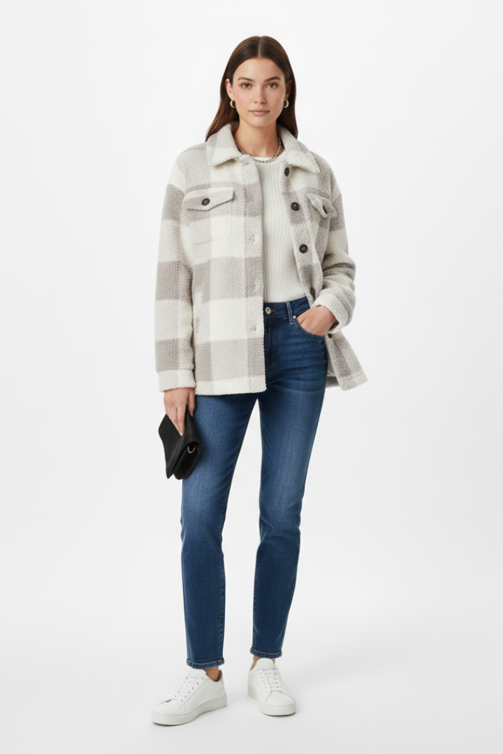 Women’s Checkered Jacket with Button Closure and Practical Pockets