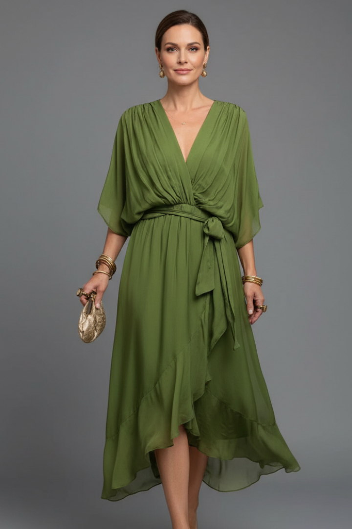 Women’s Chiffon Dress with V-Neck and Tie Waist