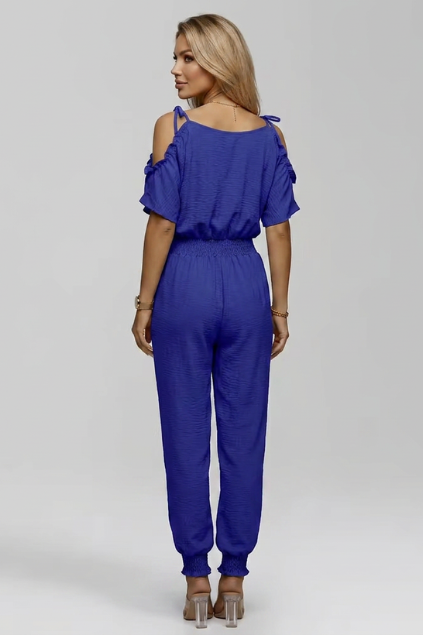 Women’s Cold-Shoulder Wrap V-Neck Smocked Waist Jumpsuit