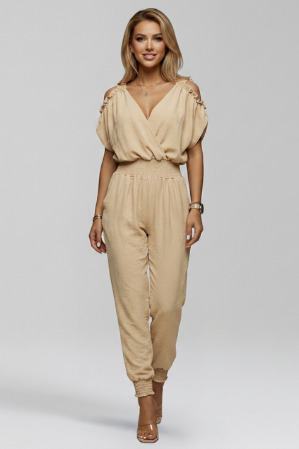 Women’s Cold-Shoulder Wrap V-Neck Smocked Waist Jumpsuit
