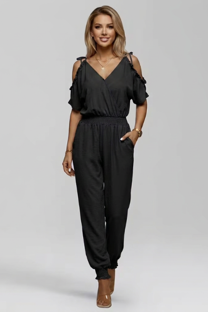 Women’s Cold-Shoulder Wrap V-Neck Smocked Waist Jumpsuit
