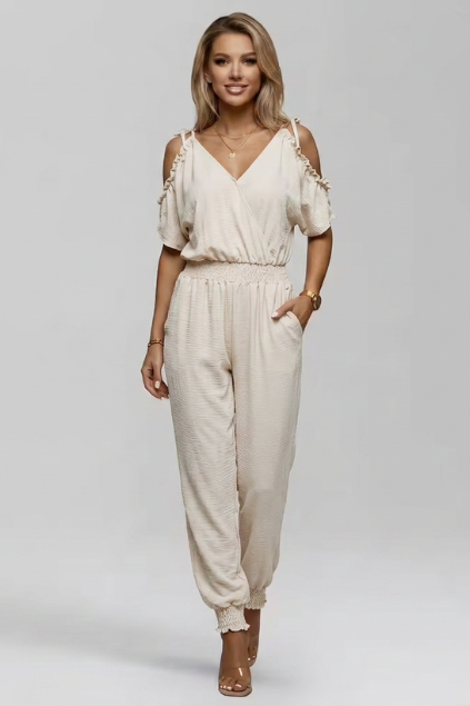 Women’s Cold-Shoulder Wrap V-Neck Smocked Waist Jumpsuit
