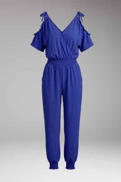 Women’s Cold-Shoulder Wrap V-Neck Smocked Waist Jumpsuit