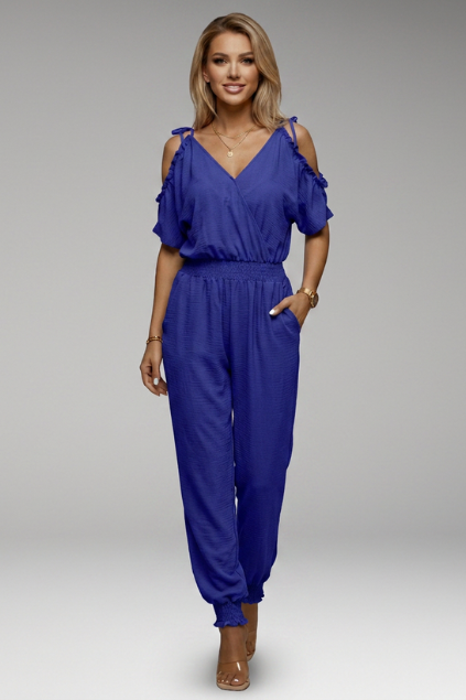 Women’s Cold-Shoulder Wrap V-Neck Smocked Waist Jumpsuit