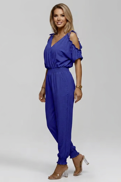 Women’s Cold-Shoulder Wrap V-Neck Smocked Waist Jumpsuit