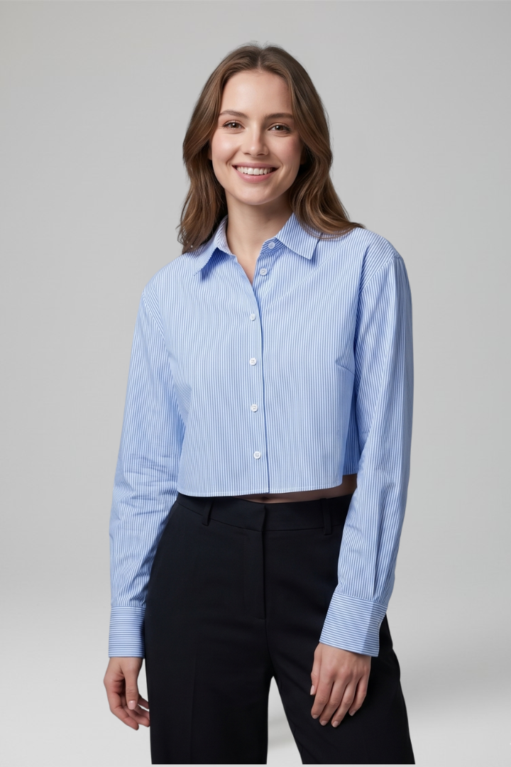 Women's Cropped Button-Up Shirt with Pointed Collar for Everyday Wear