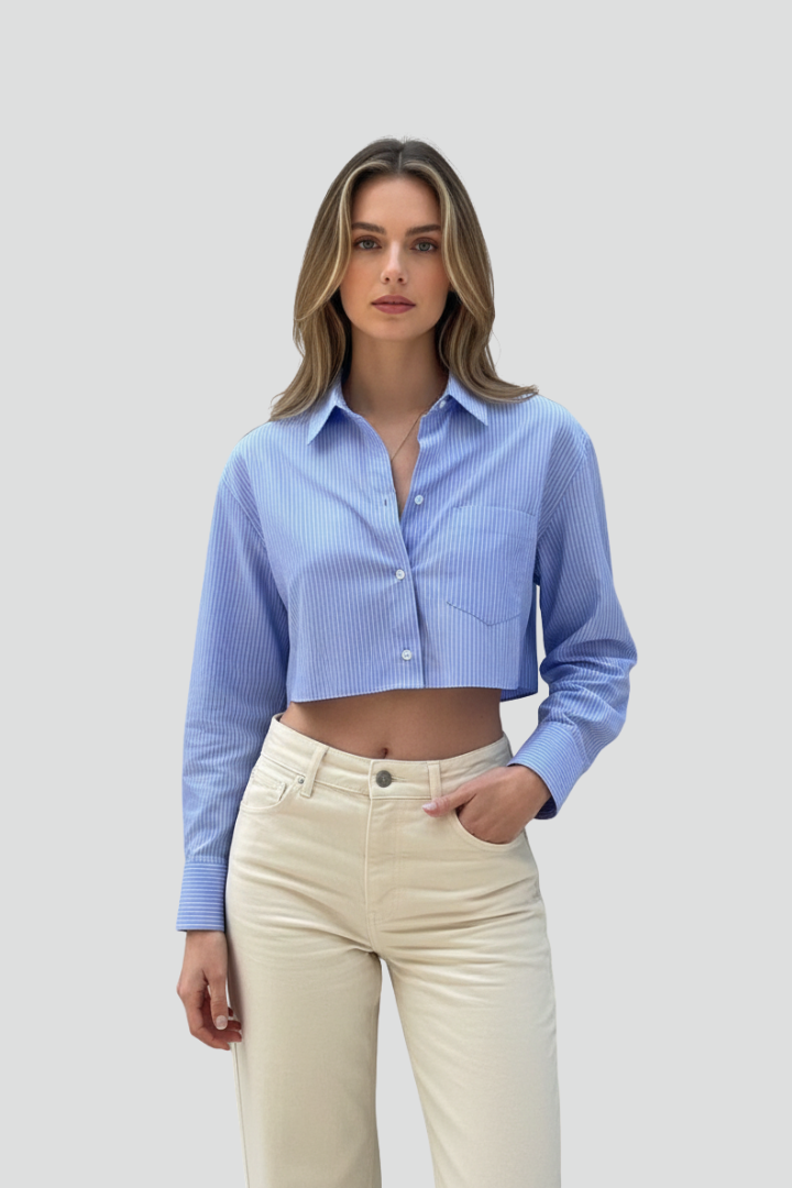 Women’s Cropped Shirt with Collar and Long Sleeves