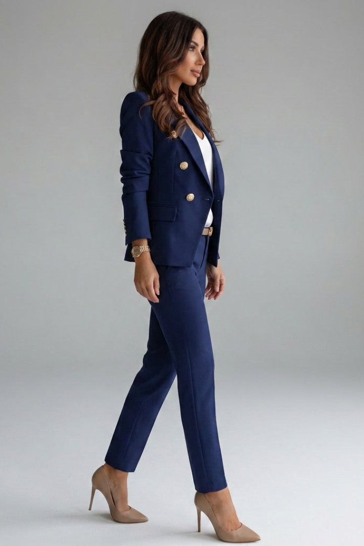 Women's Double-Breasted Blazer Set with Buttons for Office Wear