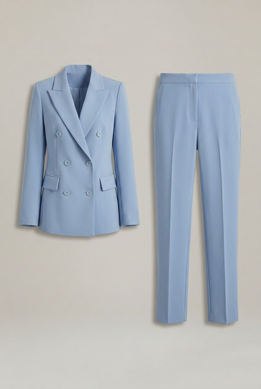 Women’s Double-Breasted Blazer Set with Notched Lapel and Straight-Leg Trousers