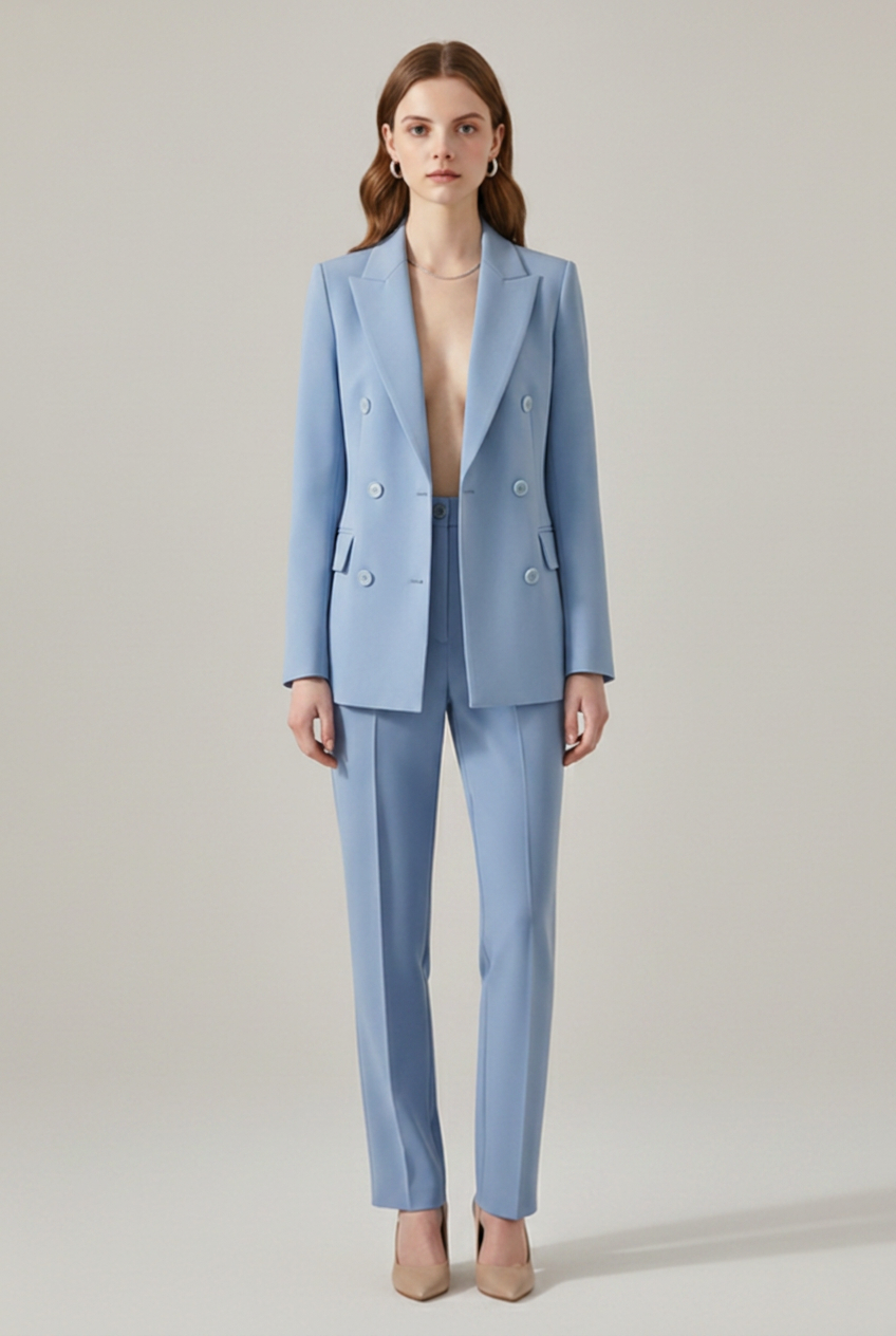 Women’s Double-Breasted Blazer Set with Notched Lapel and Straight-Leg Trousers